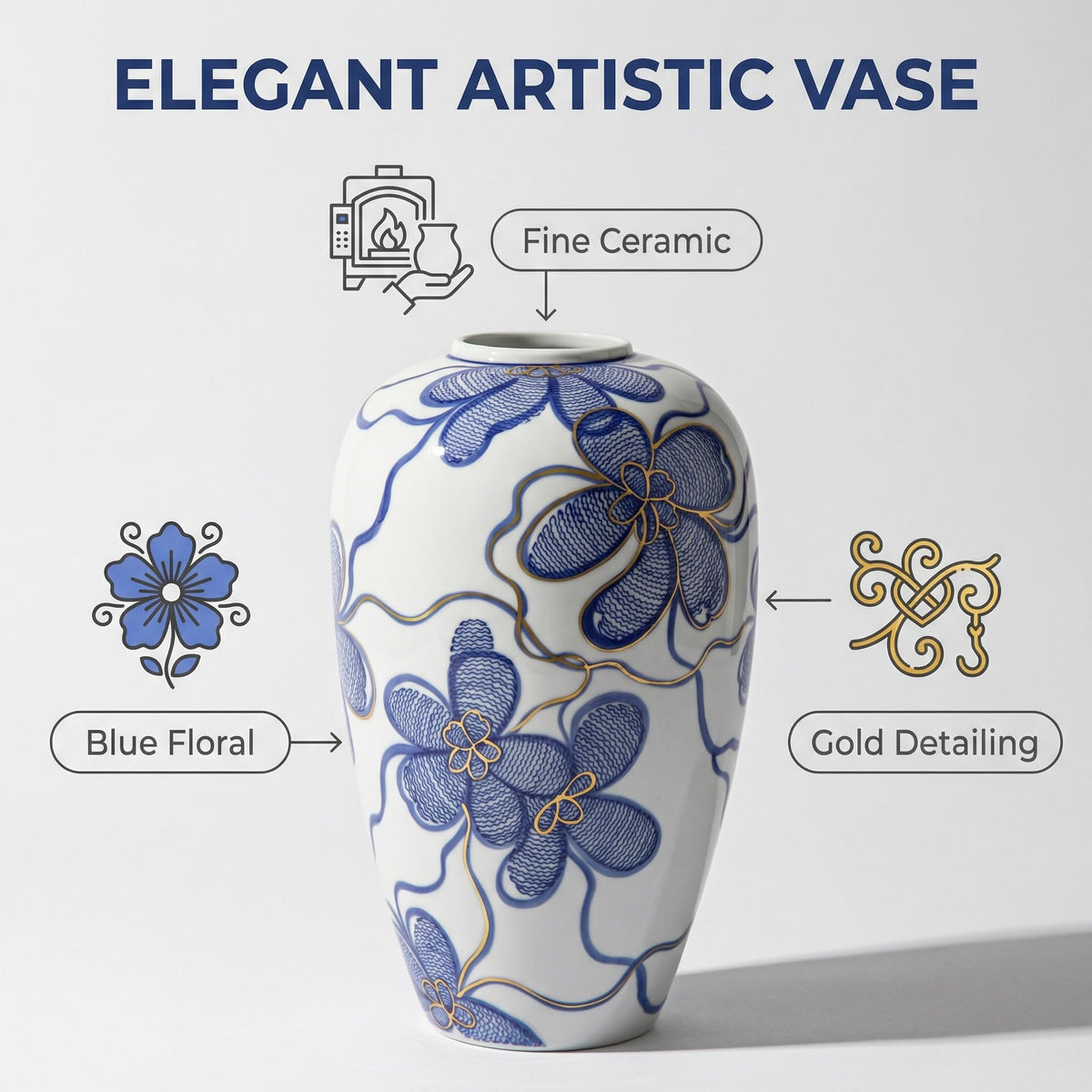 Hand-Painted Blue and White Vase with Gold Accents