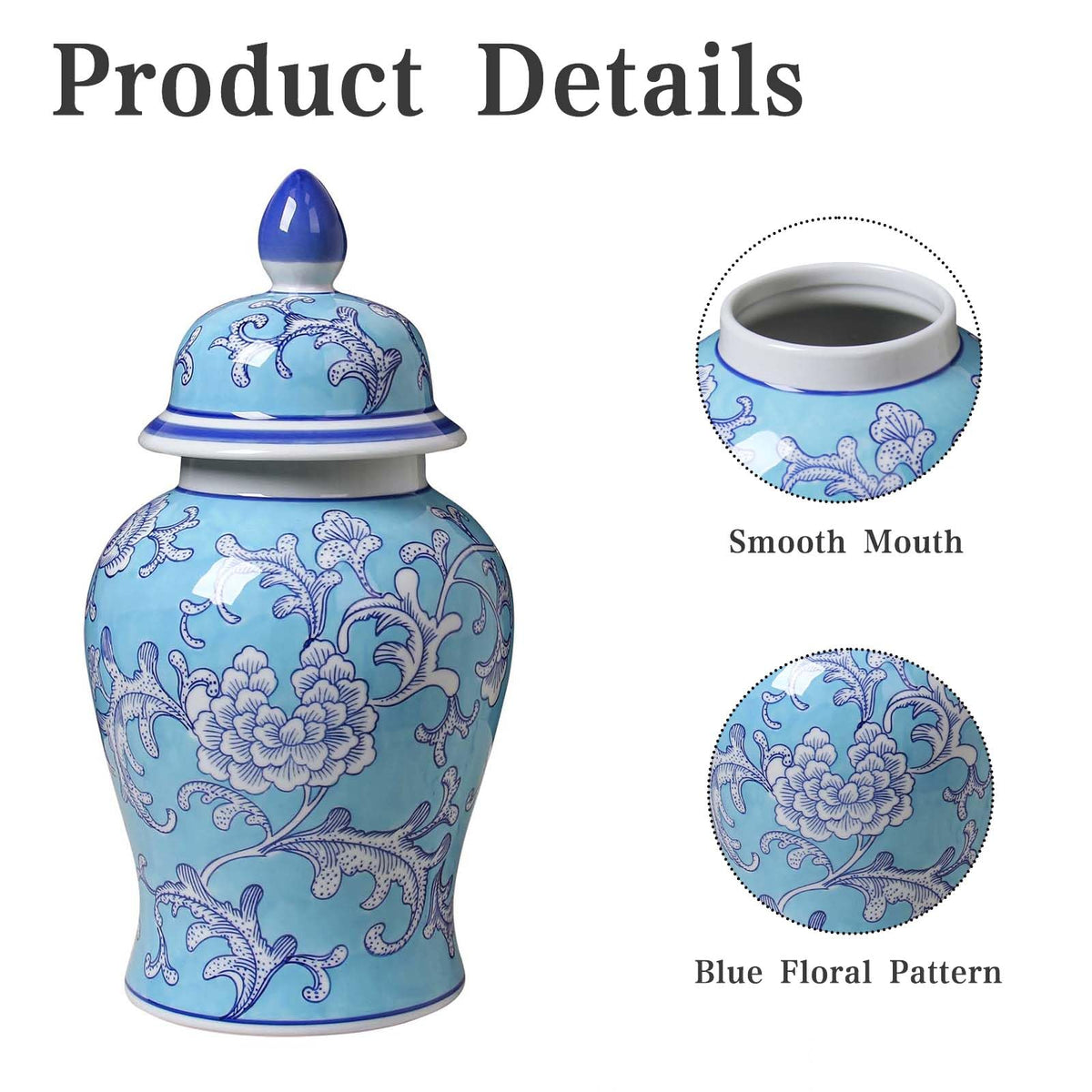 Blue and White Ginger Jar with Gold Trim, 14 Inch