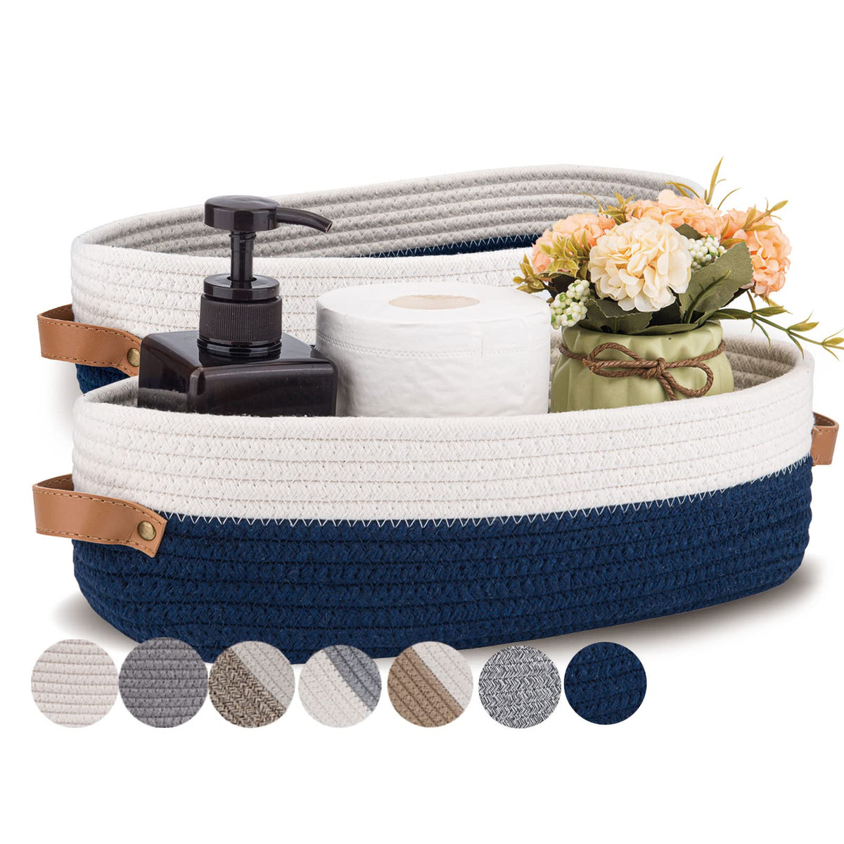 Woven Cotton Rope Toilet Tank Basket, Navy and White