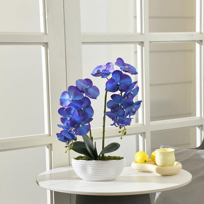 Faux Orchid in Navy Ribbed Ceramic Pot