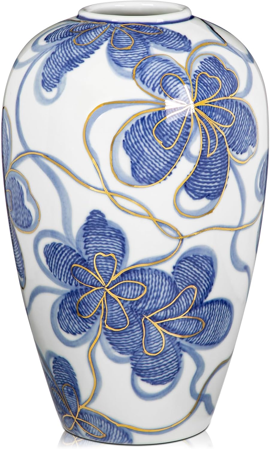 Hand-Painted Blue and White Vase with Gold Accents