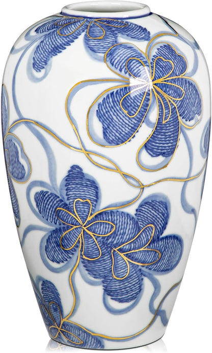 Hand-Painted Blue and White Vase with Gold Accents