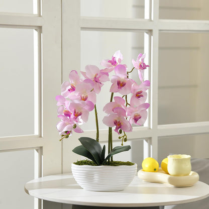 Faux Orchid in Navy Ribbed Ceramic Pot