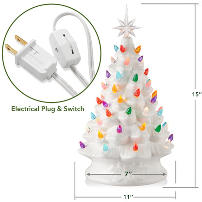 Hand Painted Ceramic Christmas Tree, 15 Inch Pre-Lit