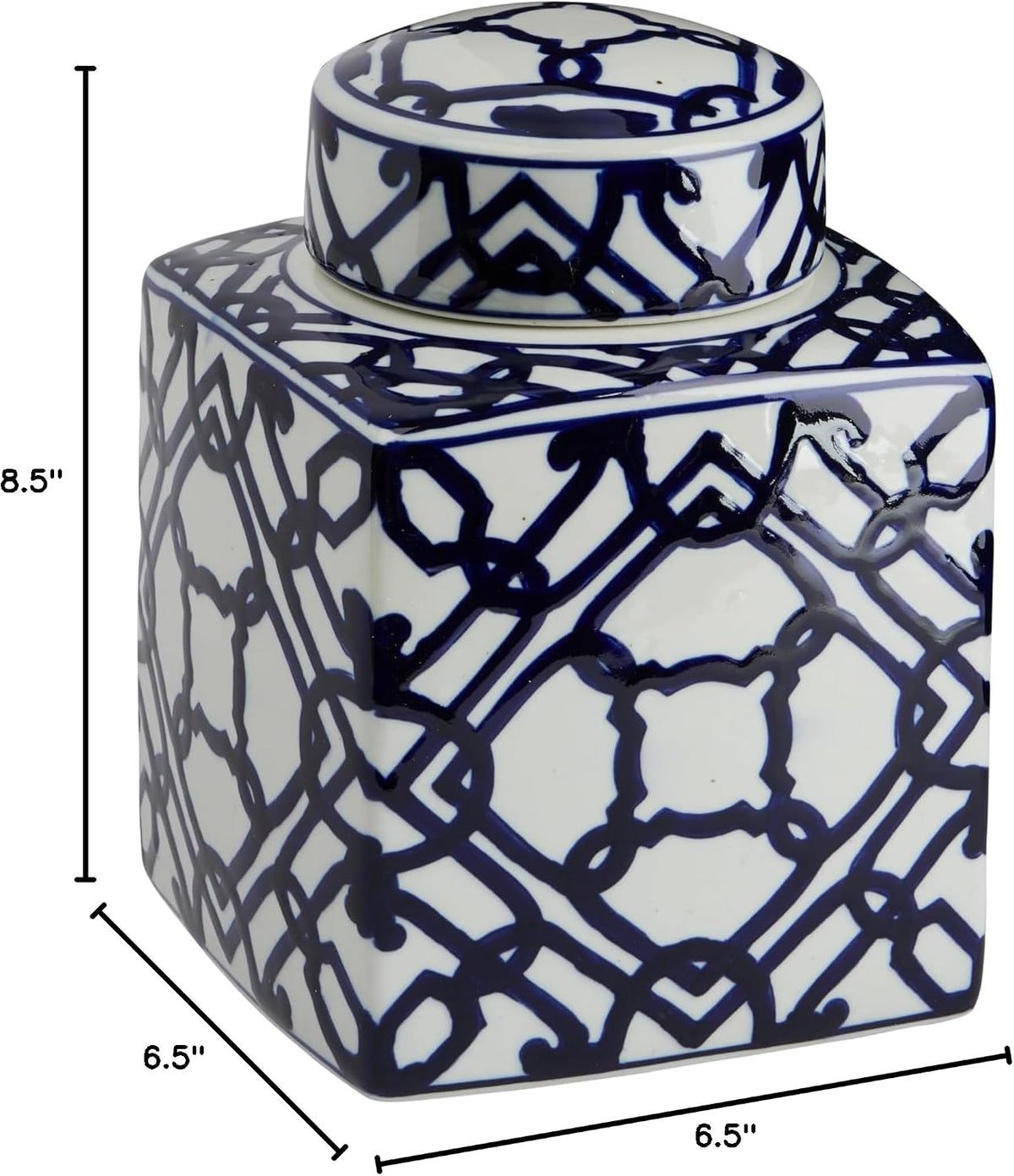 Square Ceramic Ginger Jar with Lid, Blue and White