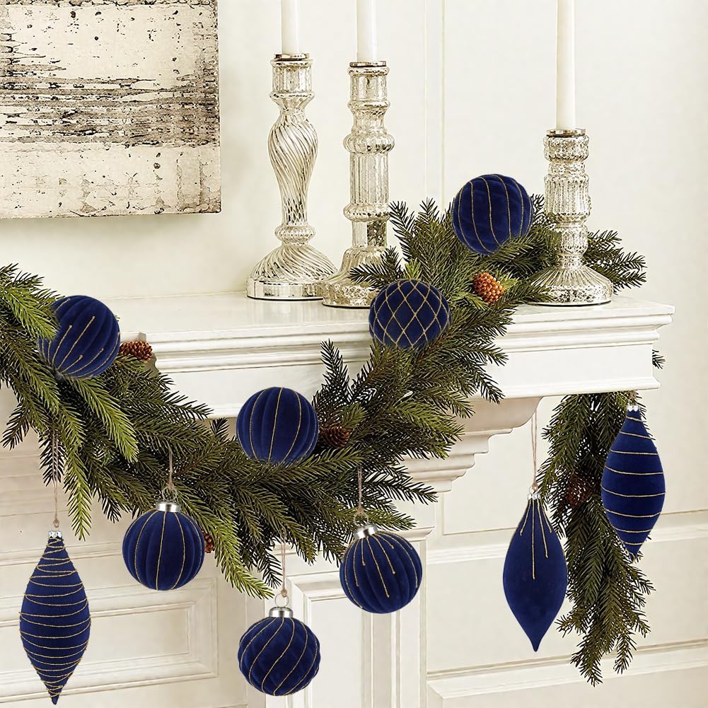 Royal Blue Velvet Christmas Ornament Balls, Set of 12