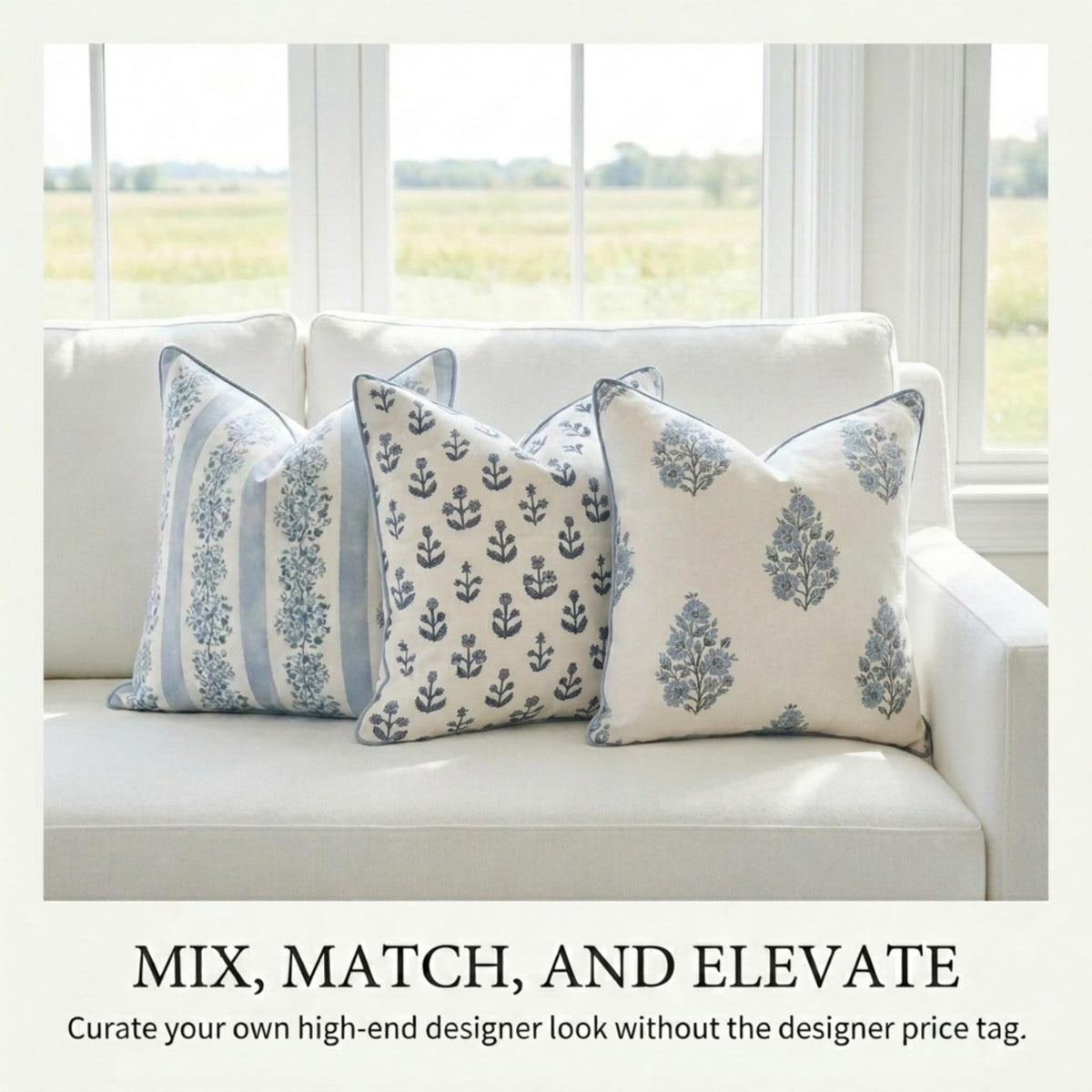 Camille Blue Floral Block Print Pillow Cover