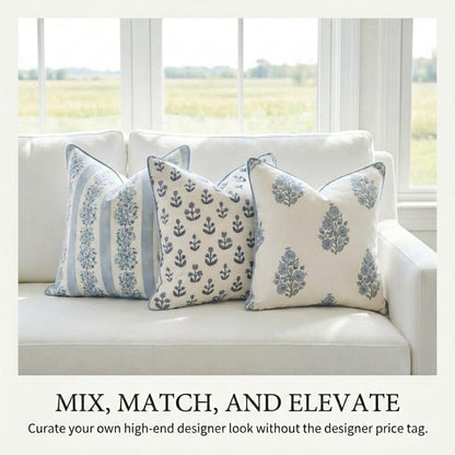 Camille Blue Floral Block Print Pillow Cover