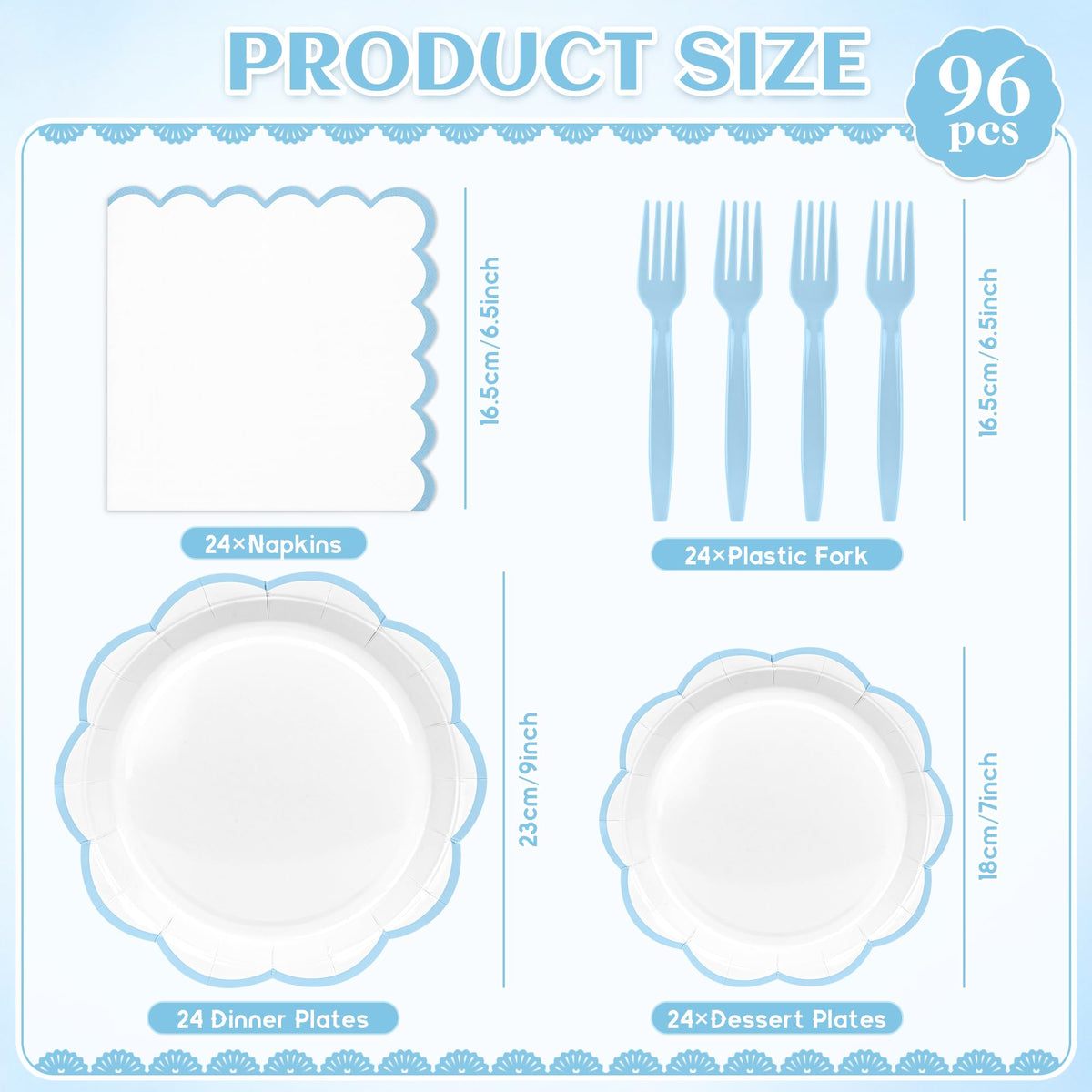 Blue Scalloped Paper Plates and Napkins, Serves 24