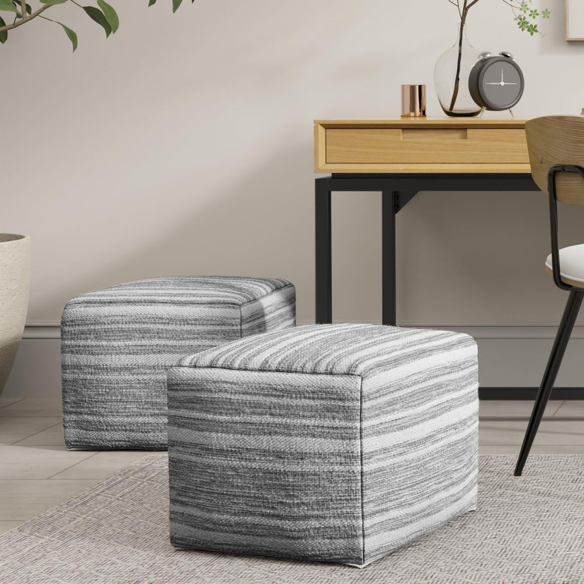Simpli Home Cowan Blue Wool Square Pouf