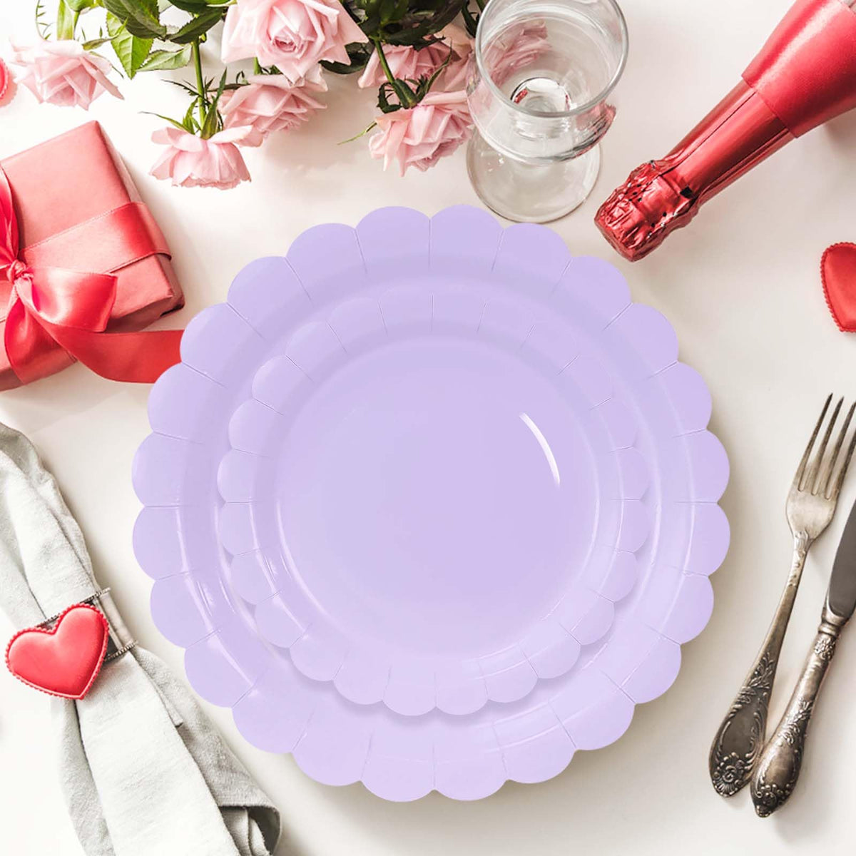 White Scalloped Paper Plates, Royal Blue Trim, 50 Pack