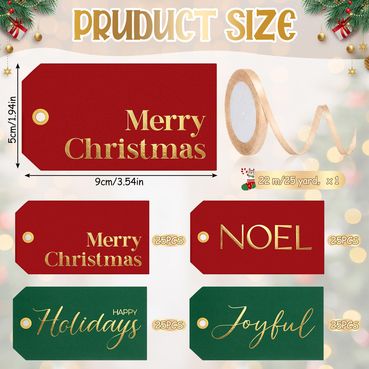 Christmas Gift Tags with Ribbon, 100 Pack, Blue and Silver