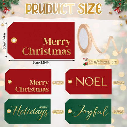 Christmas Gift Tags with Ribbon, 100 Pack, Blue and Silver