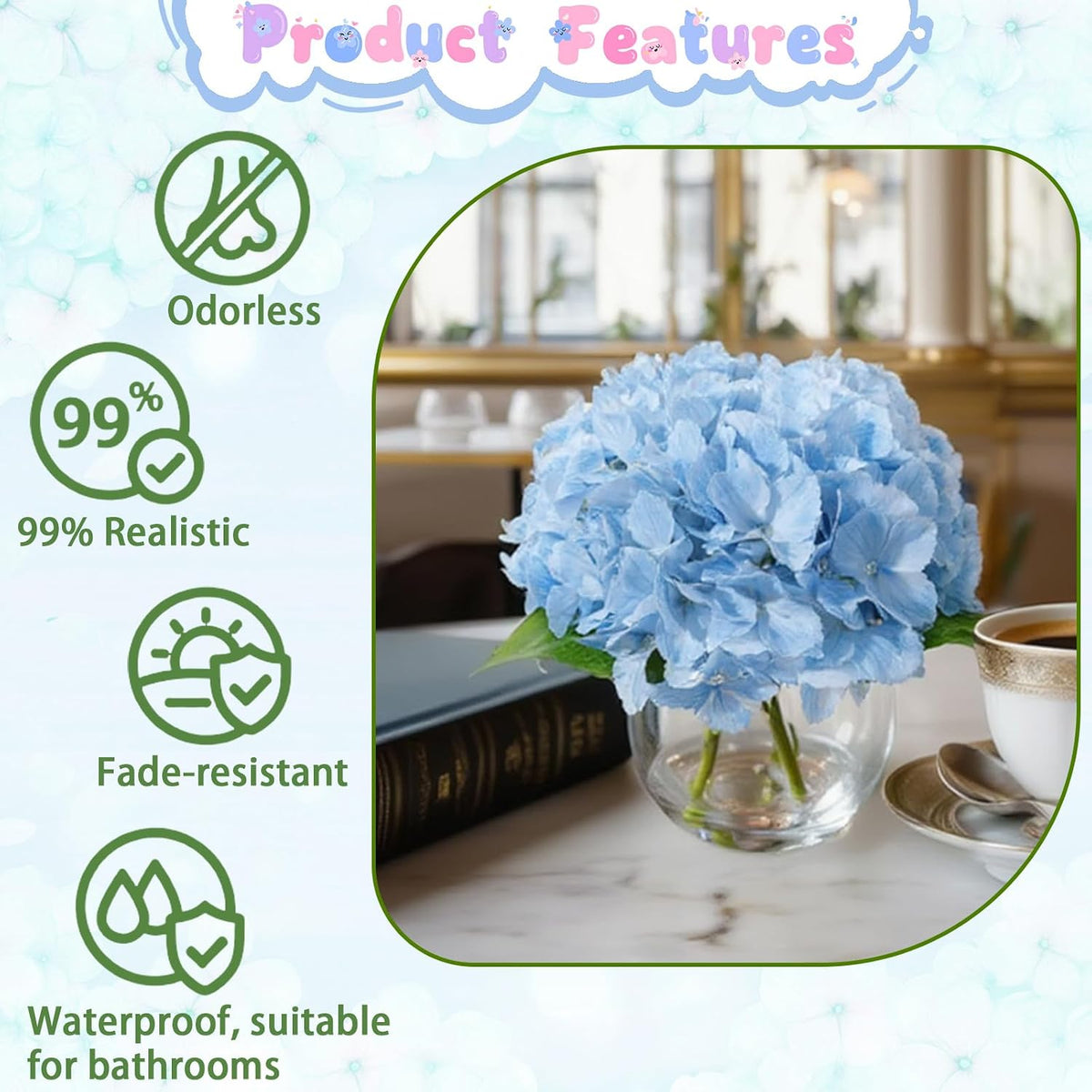 Blue Faux Hydrangea Arrangement in Glass Vase