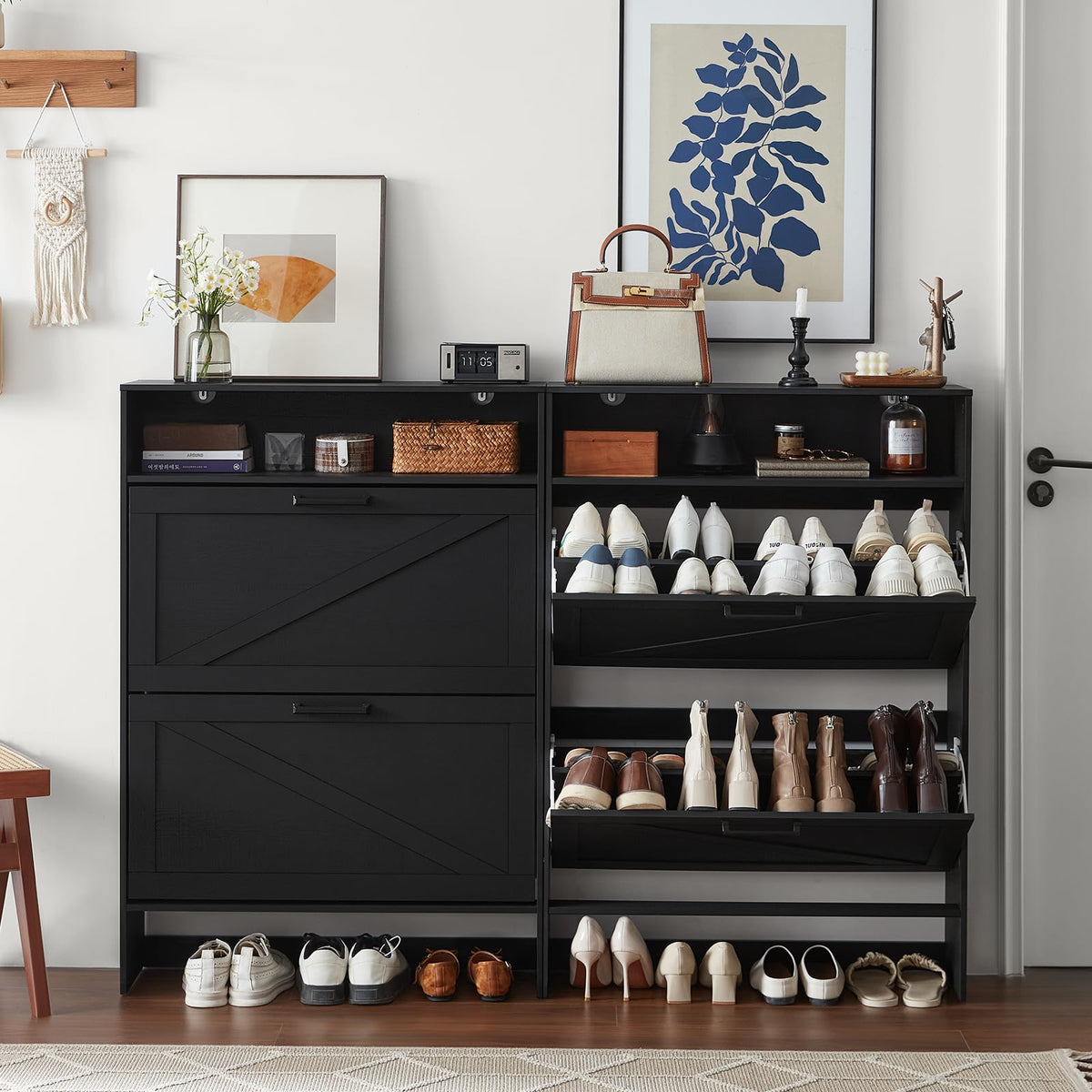Blue Narrow Shoe Cabinet with 2 Flip Drawers