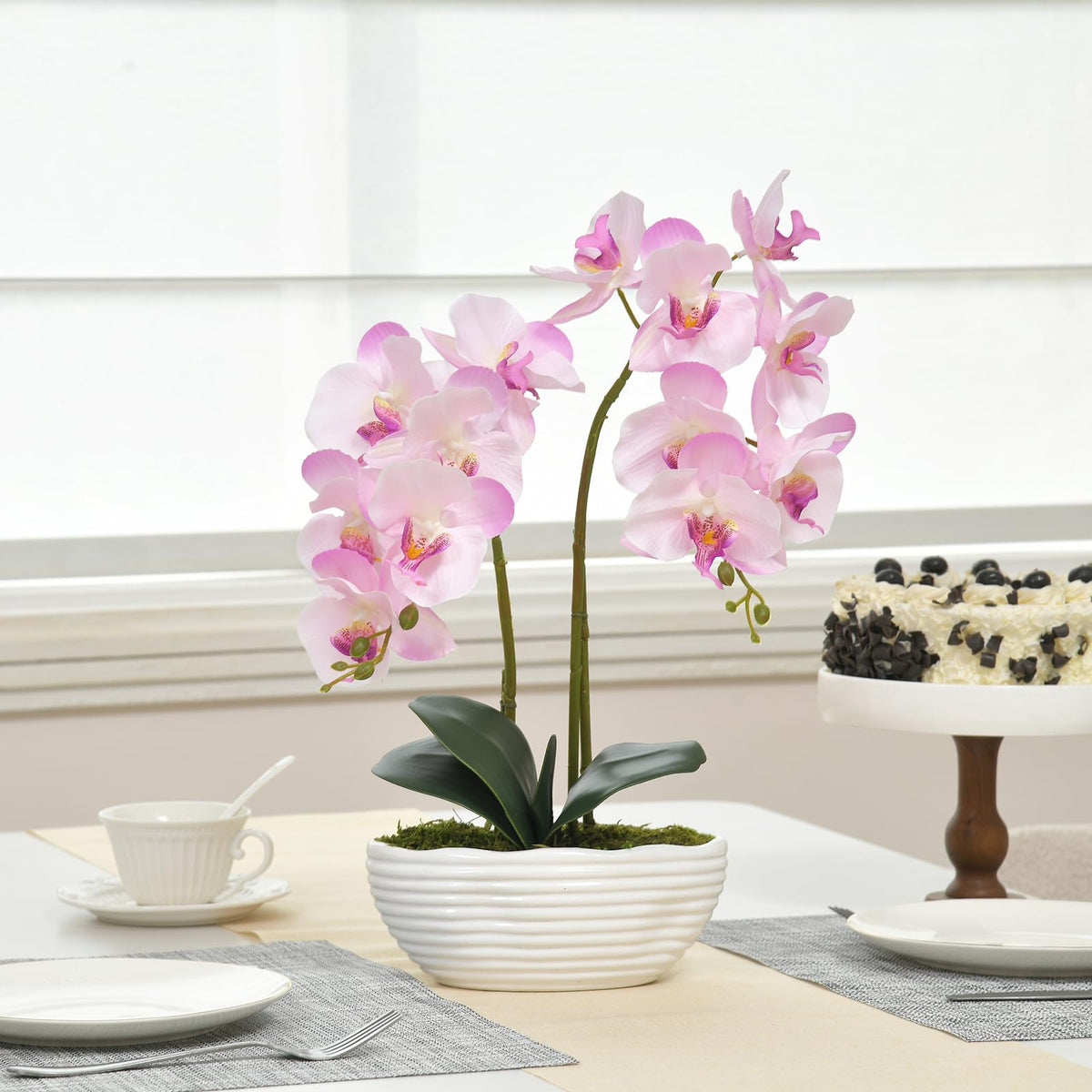 Faux Orchid in Navy Ribbed Ceramic Pot