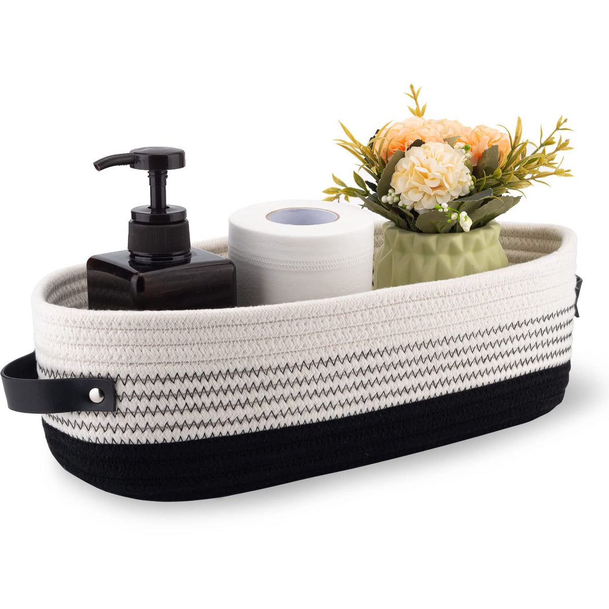 Woven Cotton Rope Toilet Tank Basket, Navy and White