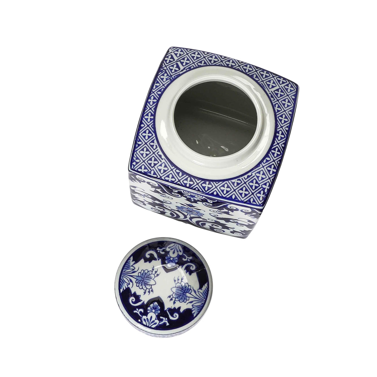 Square Ceramic Ginger Jar with Lid, Blue and White
