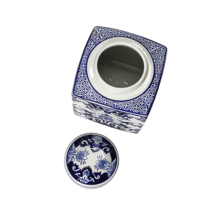 Square Ceramic Ginger Jar with Lid, Blue and White