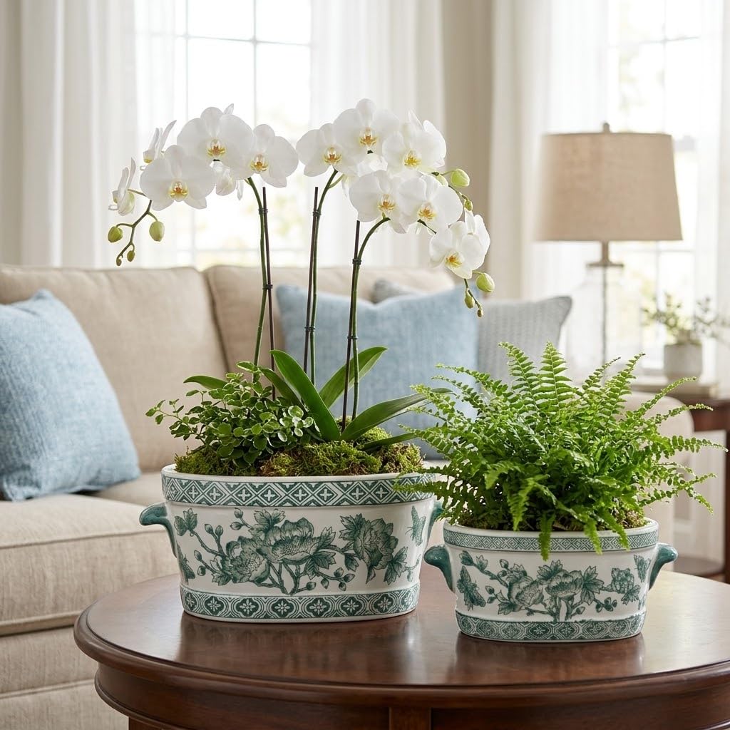 Blue Floral Oval Ceramic Cachepot, 10.6 in