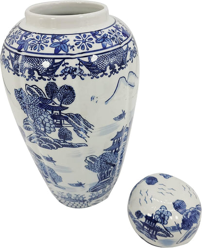 Galt Blue and White Temple Landscape Ginger Jar, 16 Inch