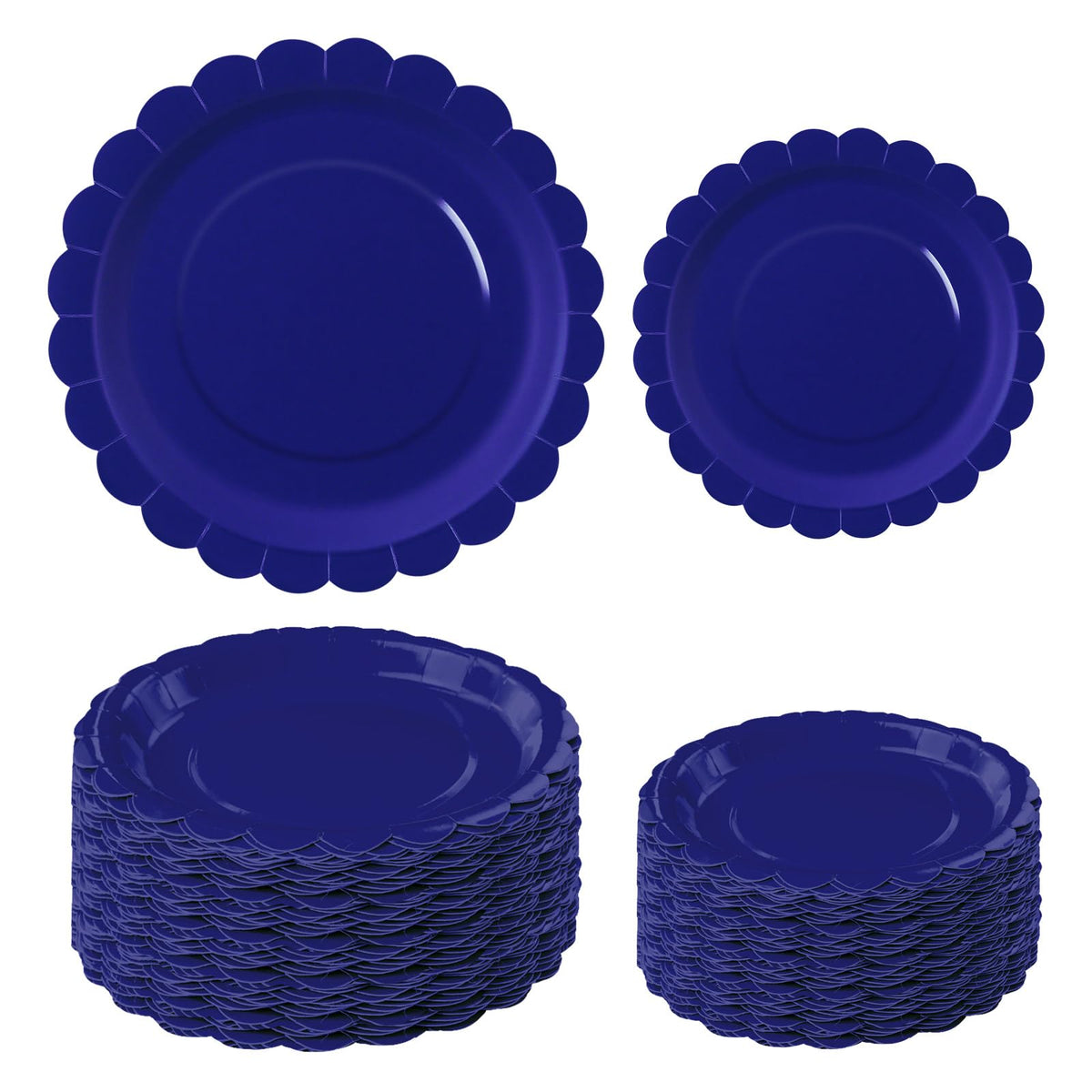 White Scalloped Paper Plates, Royal Blue Trim, 50 Pack