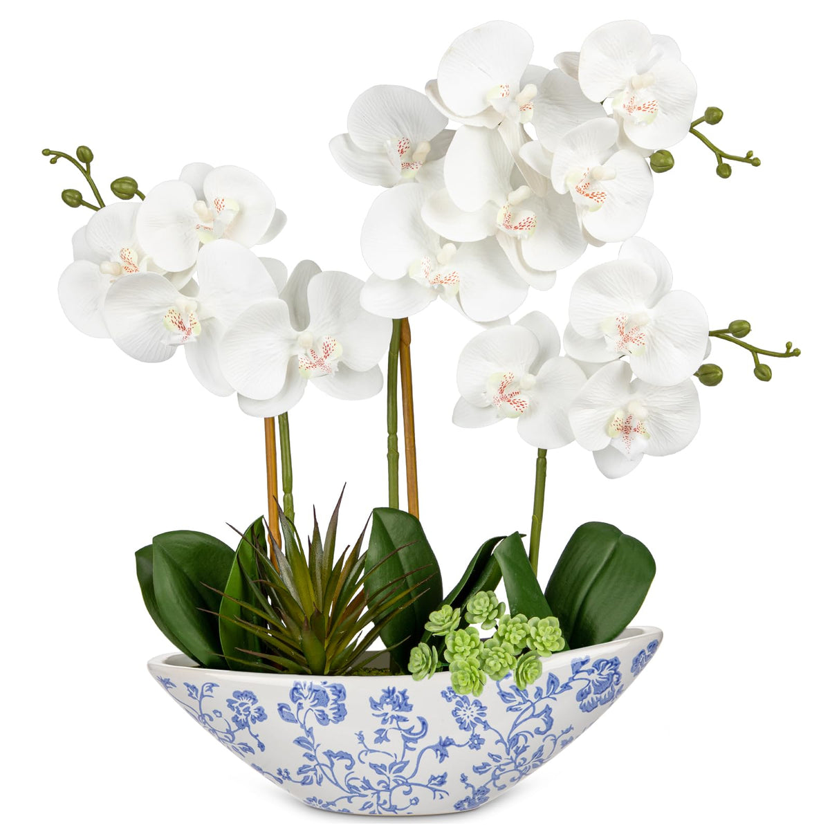 Briful Faux Orchid in Blue and White Boat Vase