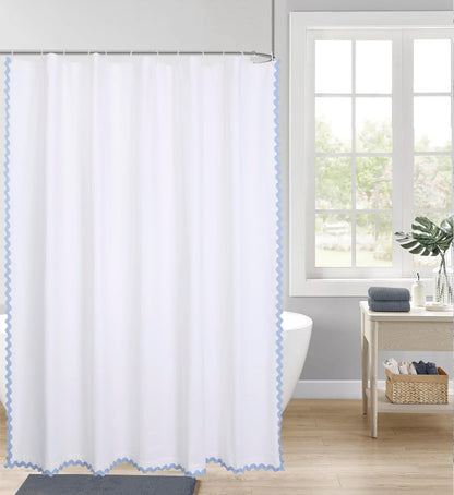 Scalloped Cotton Shower Curtain, White and Blue