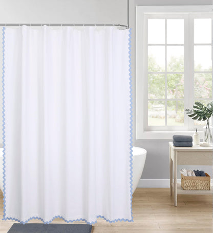 Scalloped Cotton Shower Curtain, White and Blue