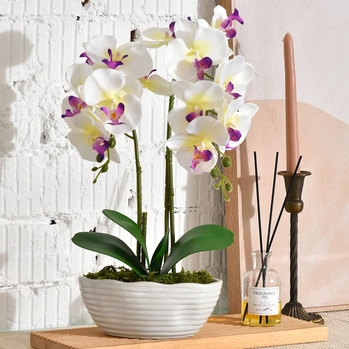 Faux Orchid in Navy Ribbed Ceramic Pot