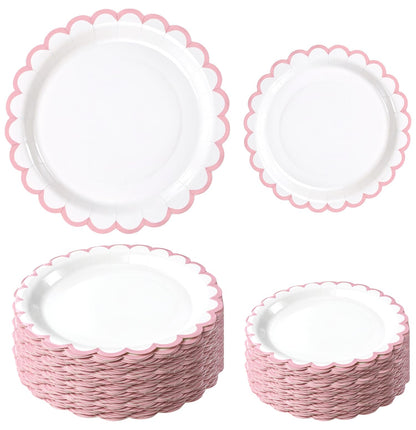 White Scalloped Paper Plates, Royal Blue Trim, 50 Pack
