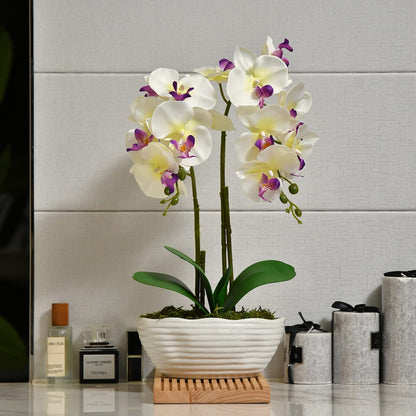 Faux Orchid in Navy Ribbed Ceramic Pot
