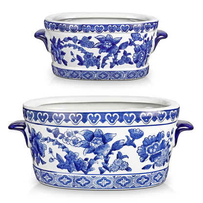 Blue Floral Oval Ceramic Cachepot, 10.6 in