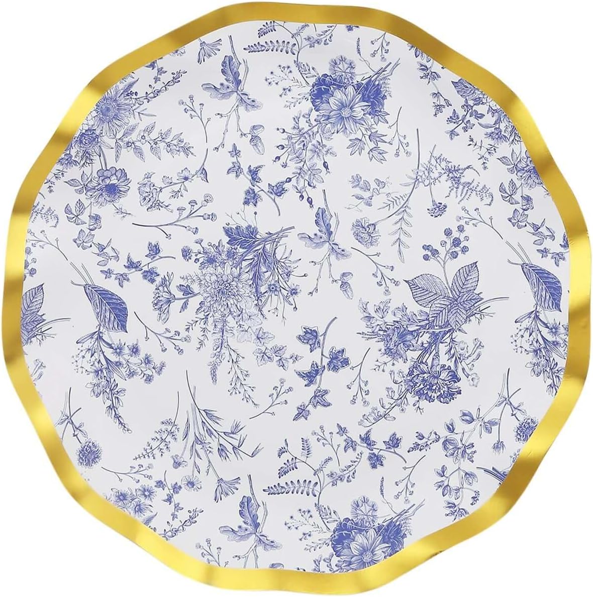 Blue and White Chinoiserie Dessert Plates with Gold Rim, 25 Pack