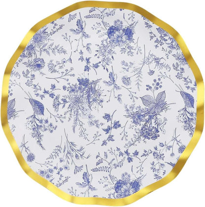 Blue and White Chinoiserie Dessert Plates with Gold Rim, 25 Pack
