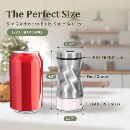 Glass Salt and Pepper Shakers, Adjustable, 4 oz, Set of 2