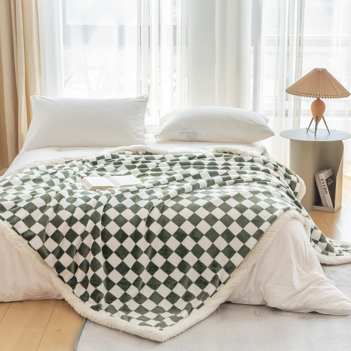 Navy Checkered Sherpa Throw Blanket