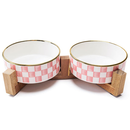 Blue and White Checkered Ceramic Dog Bowls