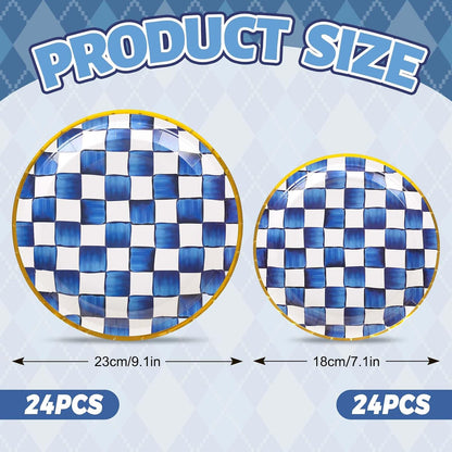 Blue and White Plaid Paper Plates, 48 Pieces