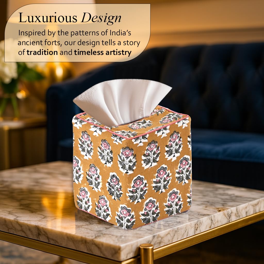 Block Print Cotton Tissue Box Cover, Apatite Blue