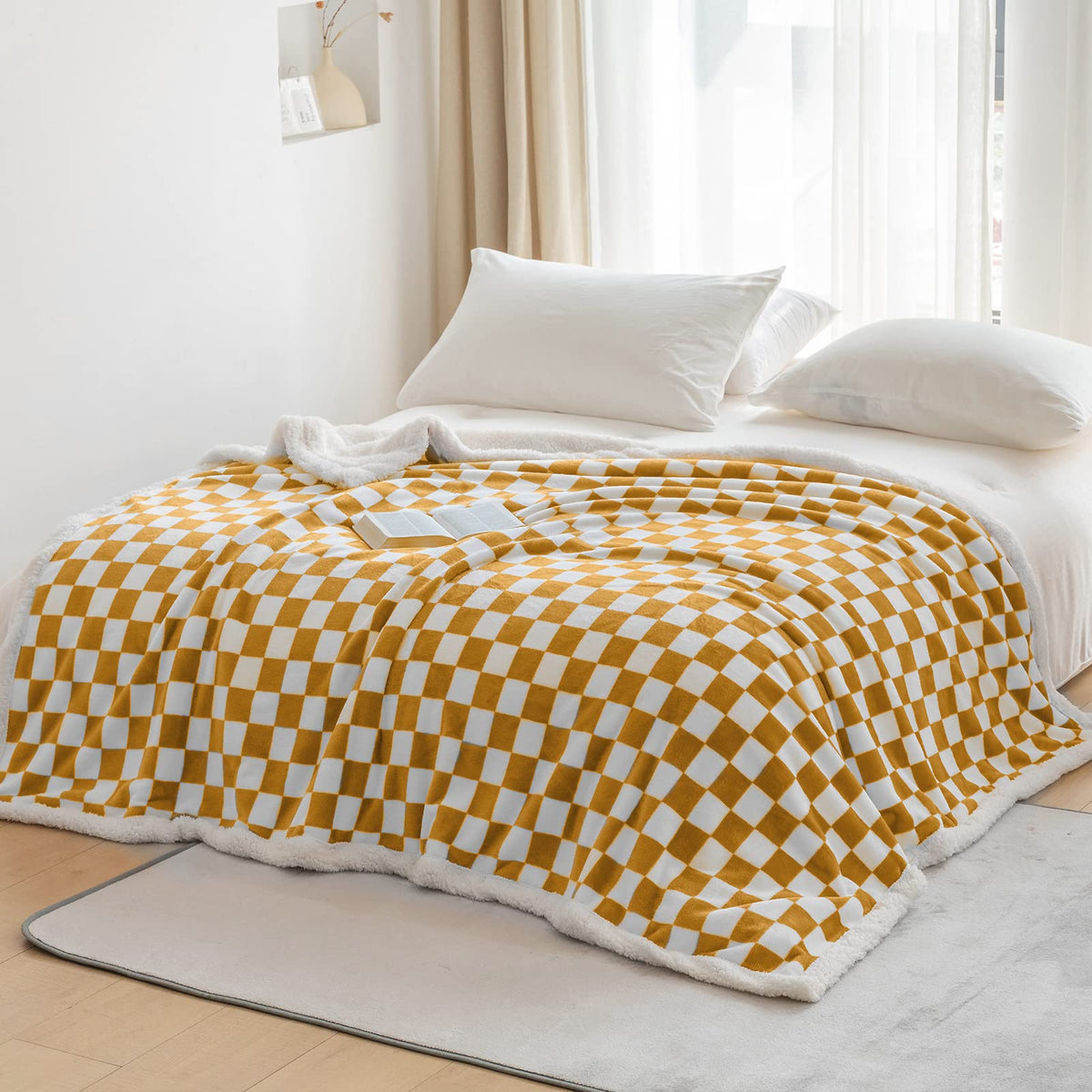 Navy Checkered Sherpa Throw Blanket
