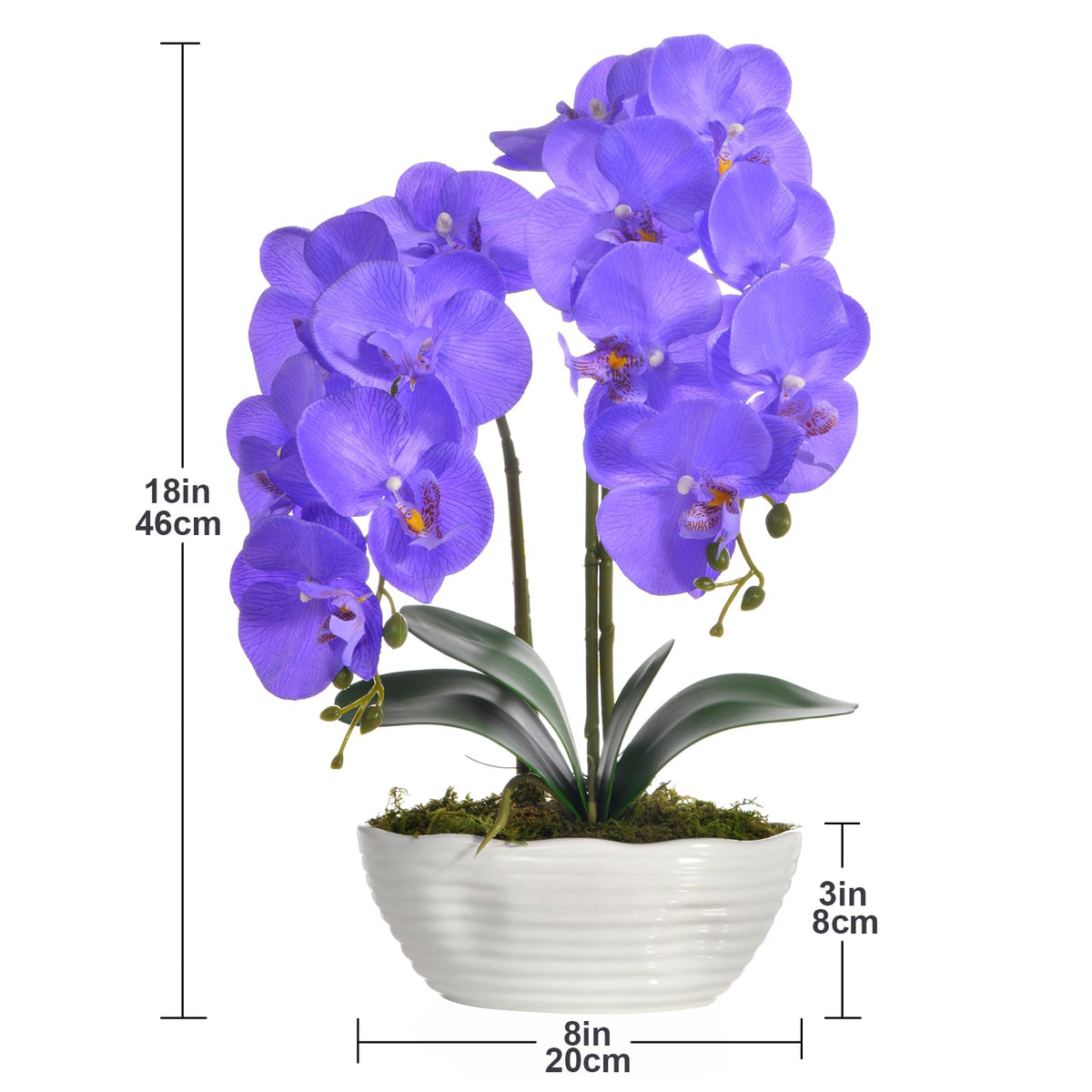 Faux Orchid in Navy Ribbed Ceramic Pot
