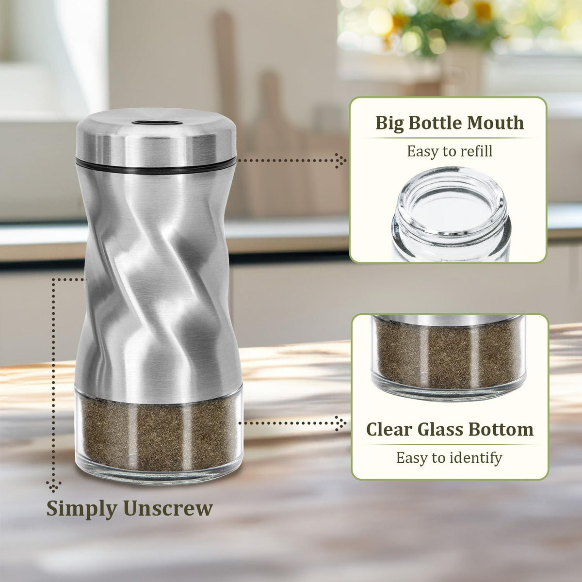 Glass Salt and Pepper Shakers, Adjustable, 4 oz, Set of 2