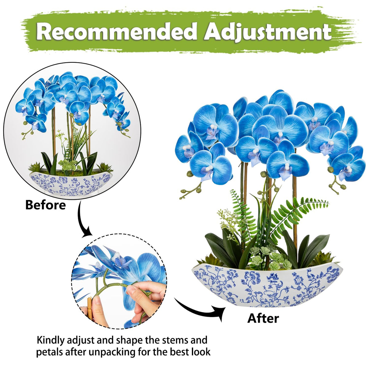 Briful Faux Orchid in Blue and White Boat Vase