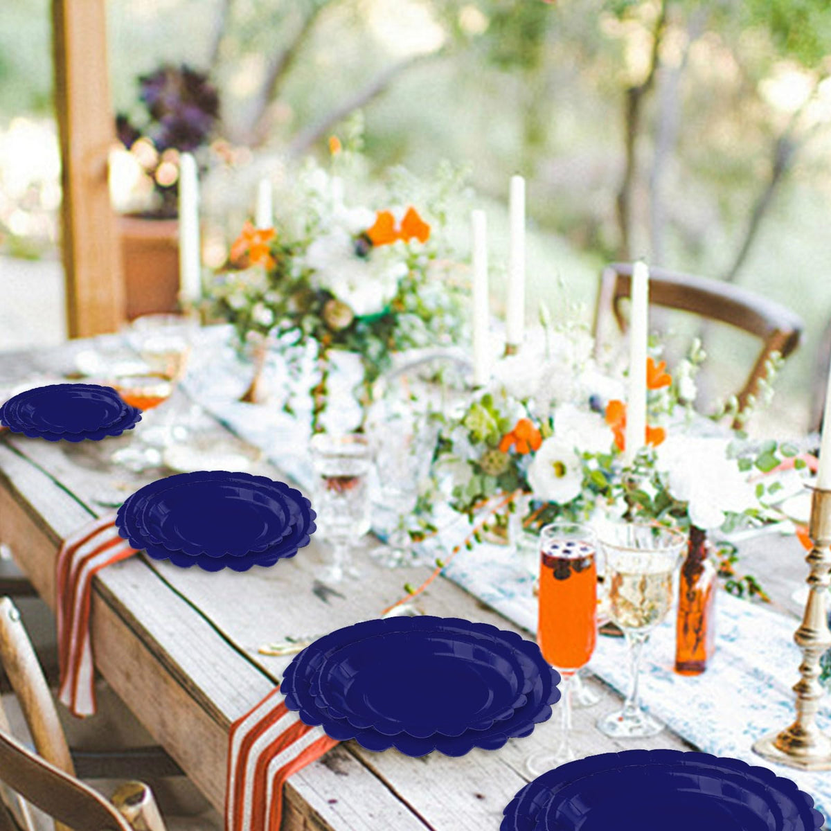 White Scalloped Paper Plates, Royal Blue Trim, 50 Pack