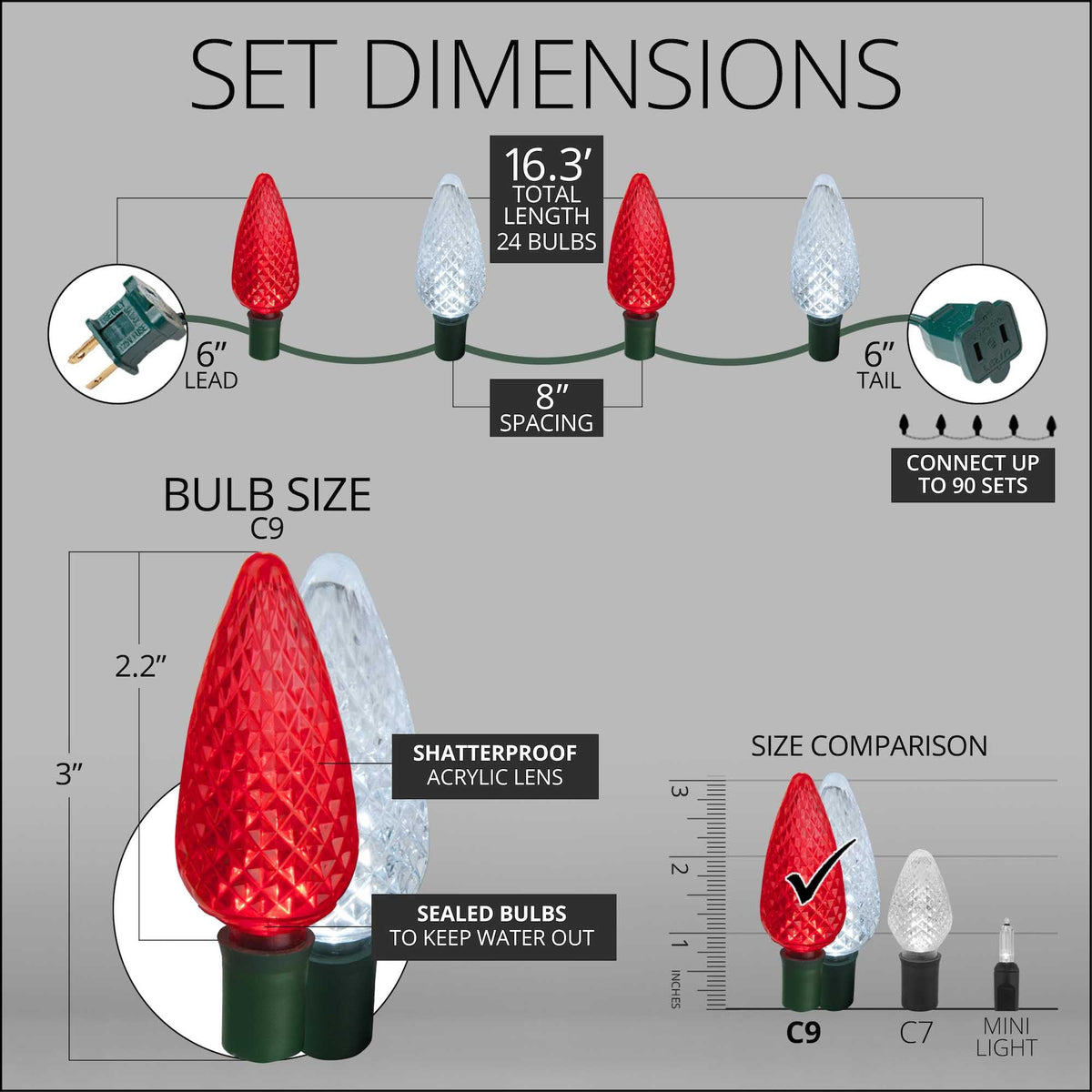 Blue C9 LED Christmas Light Set, 25 Bulbs