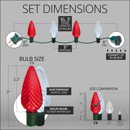 Blue C9 LED Christmas Light Set, 25 Bulbs
