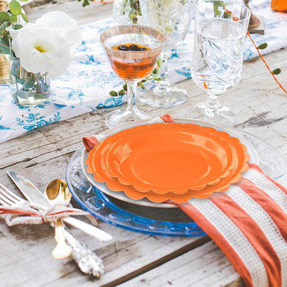 White Scalloped Paper Plates, Royal Blue Trim, 50 Pack