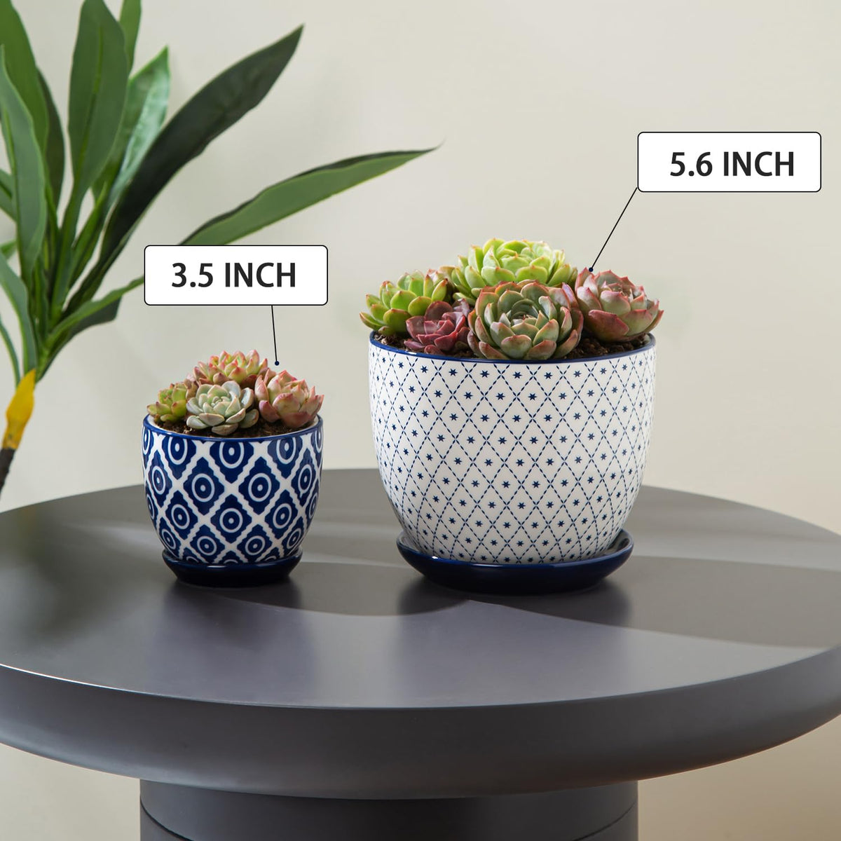 Vintage Blue Succulent Pots with Saucers, Set of 4