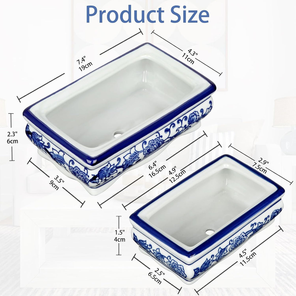 Blue and White Bonsai Pots, Set of 2